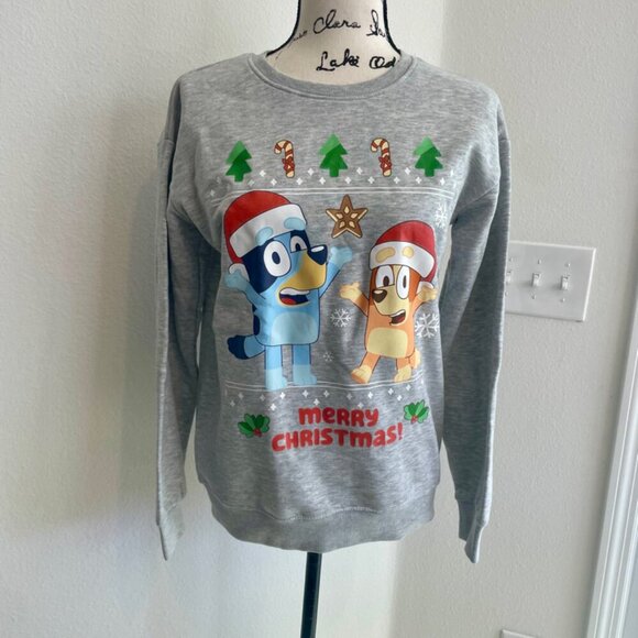 BLUEY & CHILLY HELLER UGLY CHRISTMAS SWEATSHIRT SZ S KIDS L GRAY CARTOON KAWAII - Picture 15 of 16